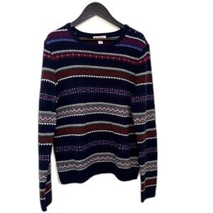 BROOKS BROTHERS Womens Pure Merino Wool Fair Isle Knit Crewneck Sweater, Navy- S